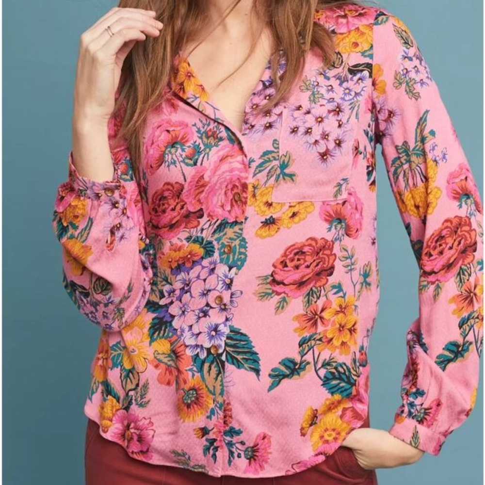 Maeve by Anthropologie Pink Floral Blouse